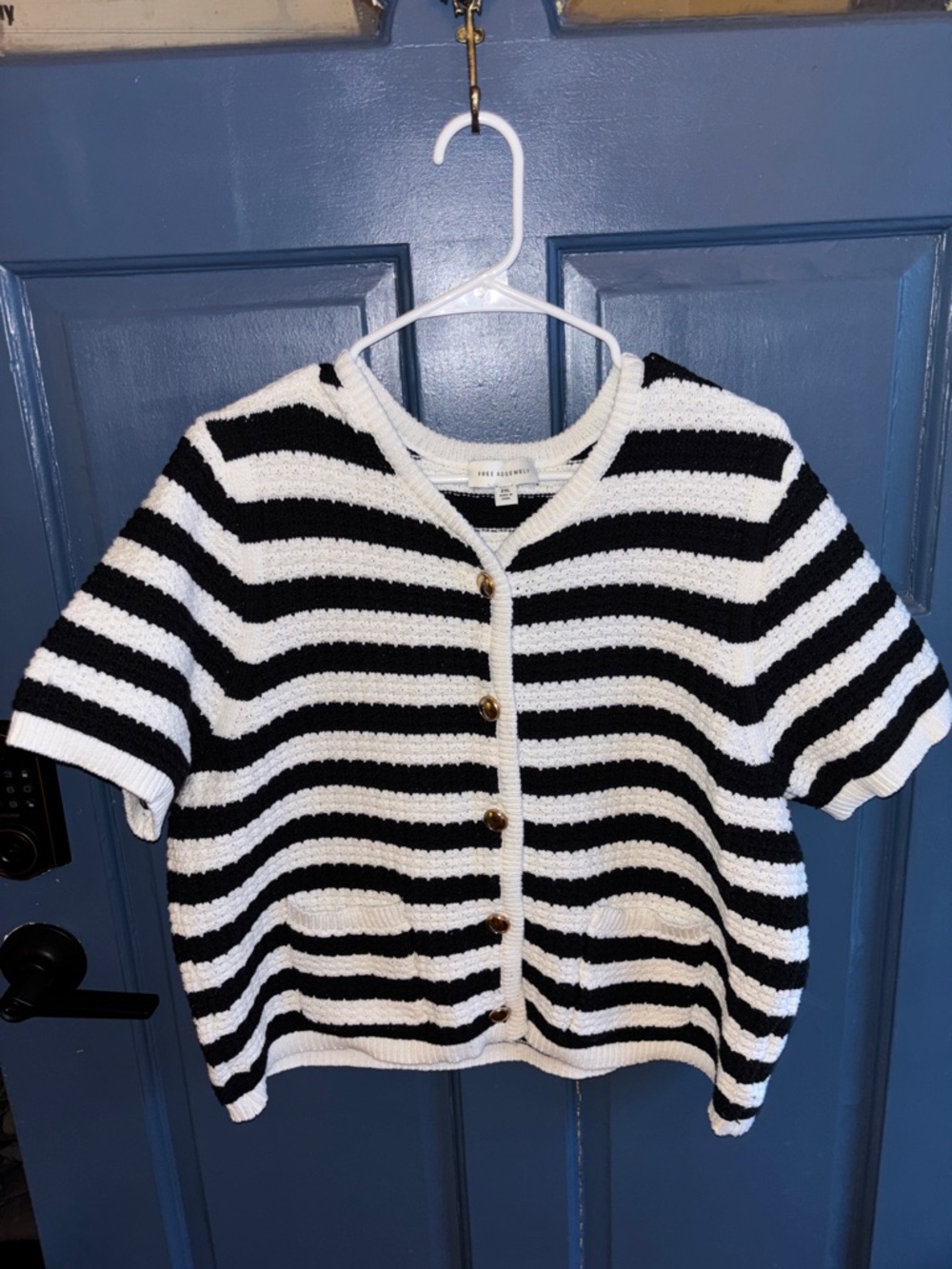 Striped Short-Sleeve Button Cardigan - Black & White